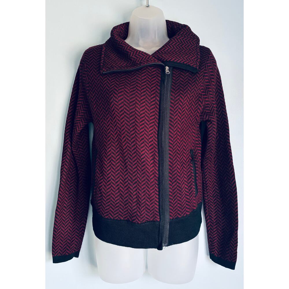 Anthropologie Oona and Maud Maroon and Black Chevron Knit Moto Jacket Size Small